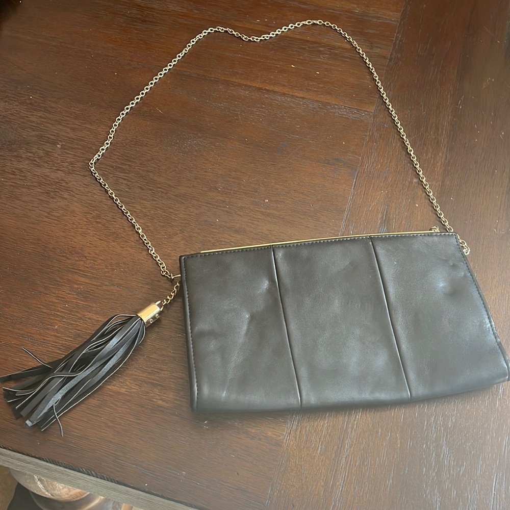Black leather clutch with detachable chain